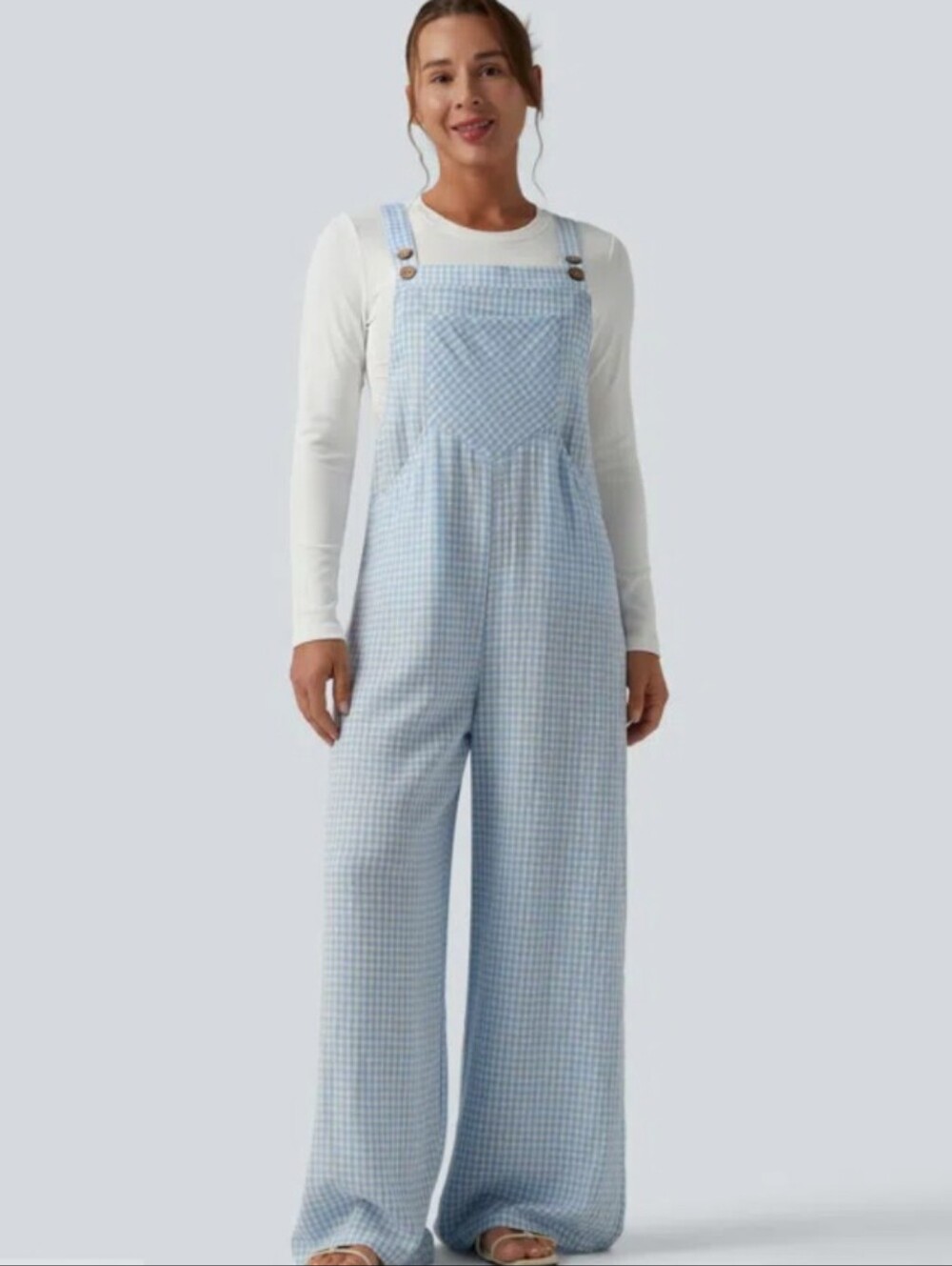 Halara women’s Blue/White Gingham linen feel overalls with pockets Large NWT